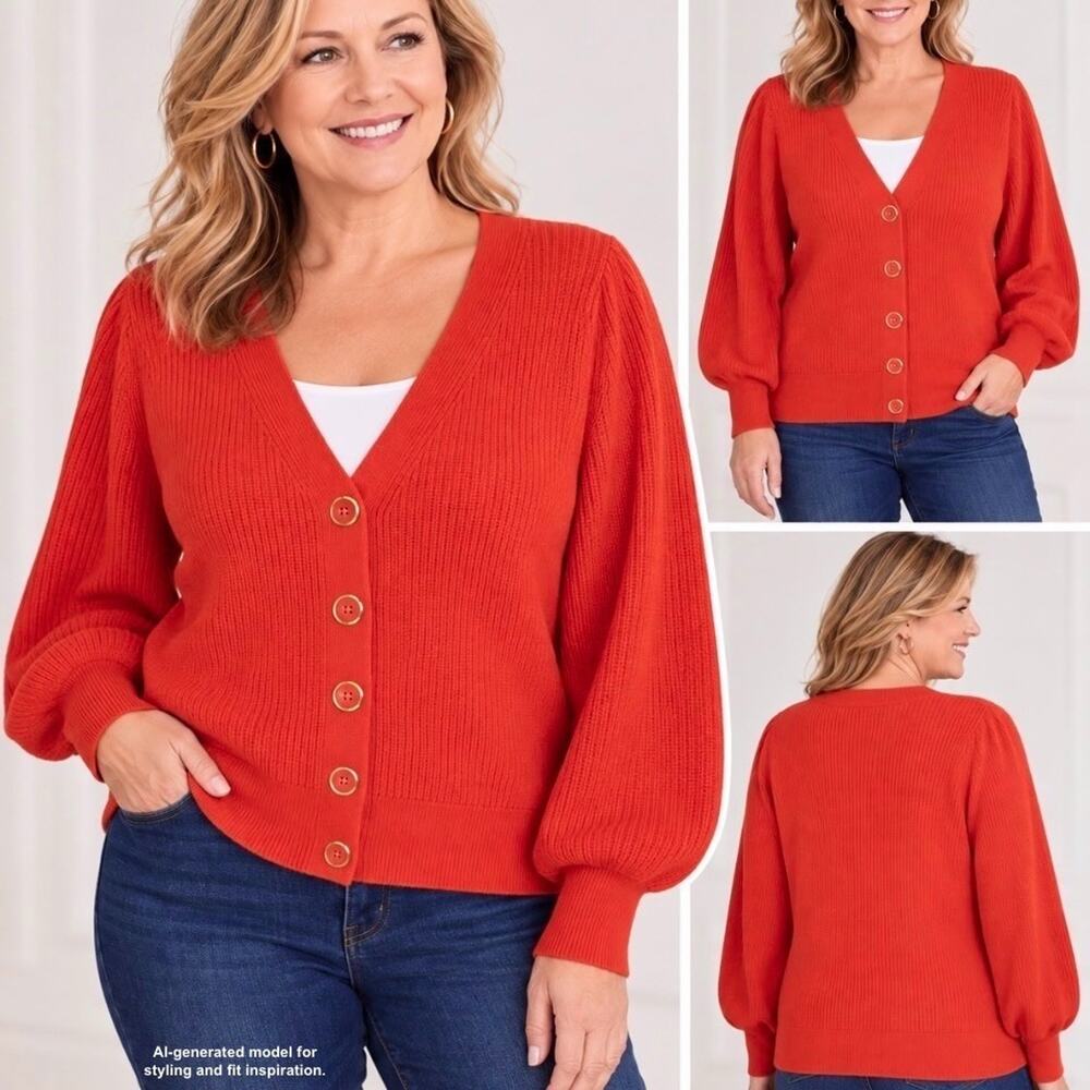 Talbots Bishop Sleeve Cardigan Sweater 2XP Orange Deep V Neck Cotton Wool Blend